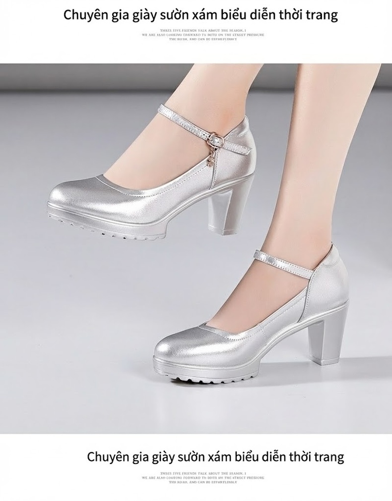 Giày Cao Gót Nữ Da Bò Quai Ngang Chiều Cao Đế Khoảng 8cm Màu Đen, Trắng, Bạc, Đỏ... chi tiết 16