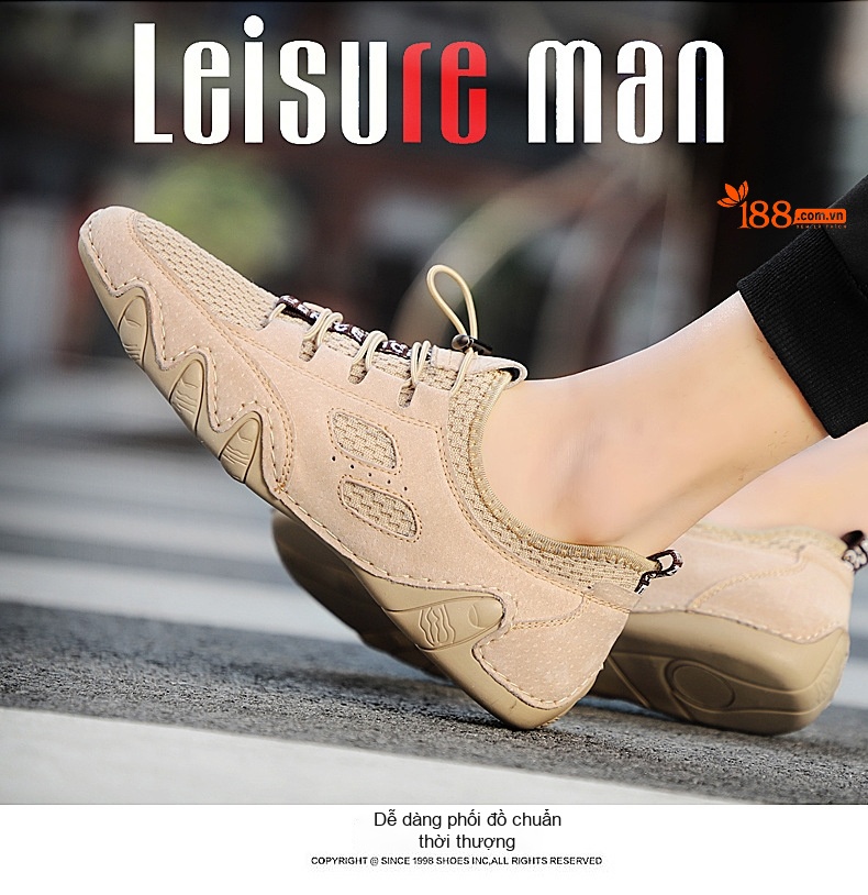 Giày Da Heo Nam Lưới Thoáng Khí Buộc Dây Đế Mềm Chiều Cao Đế Khoảng 3cm Màu Be, Xám chi tiết 2