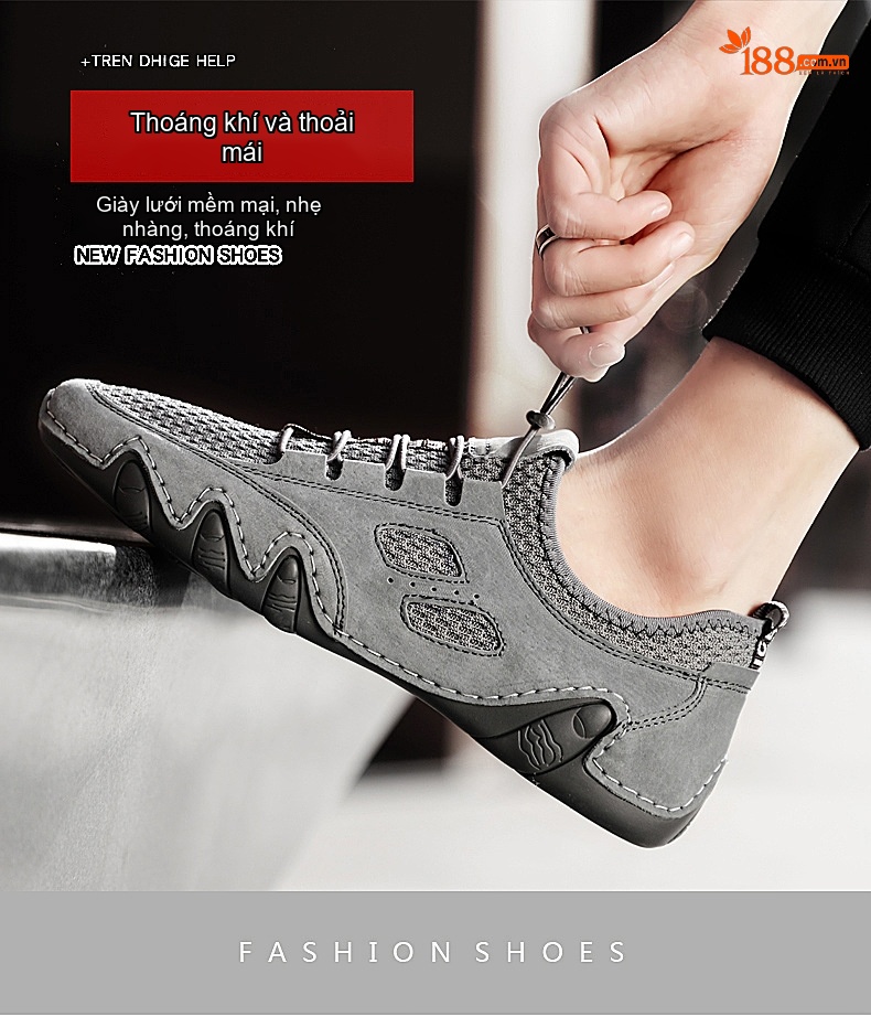 Giày Da Heo Nam Lưới Thoáng Khí Buộc Dây Đế Mềm Chiều Cao Đế Khoảng 3cm Màu Be, Xám chi tiết 1