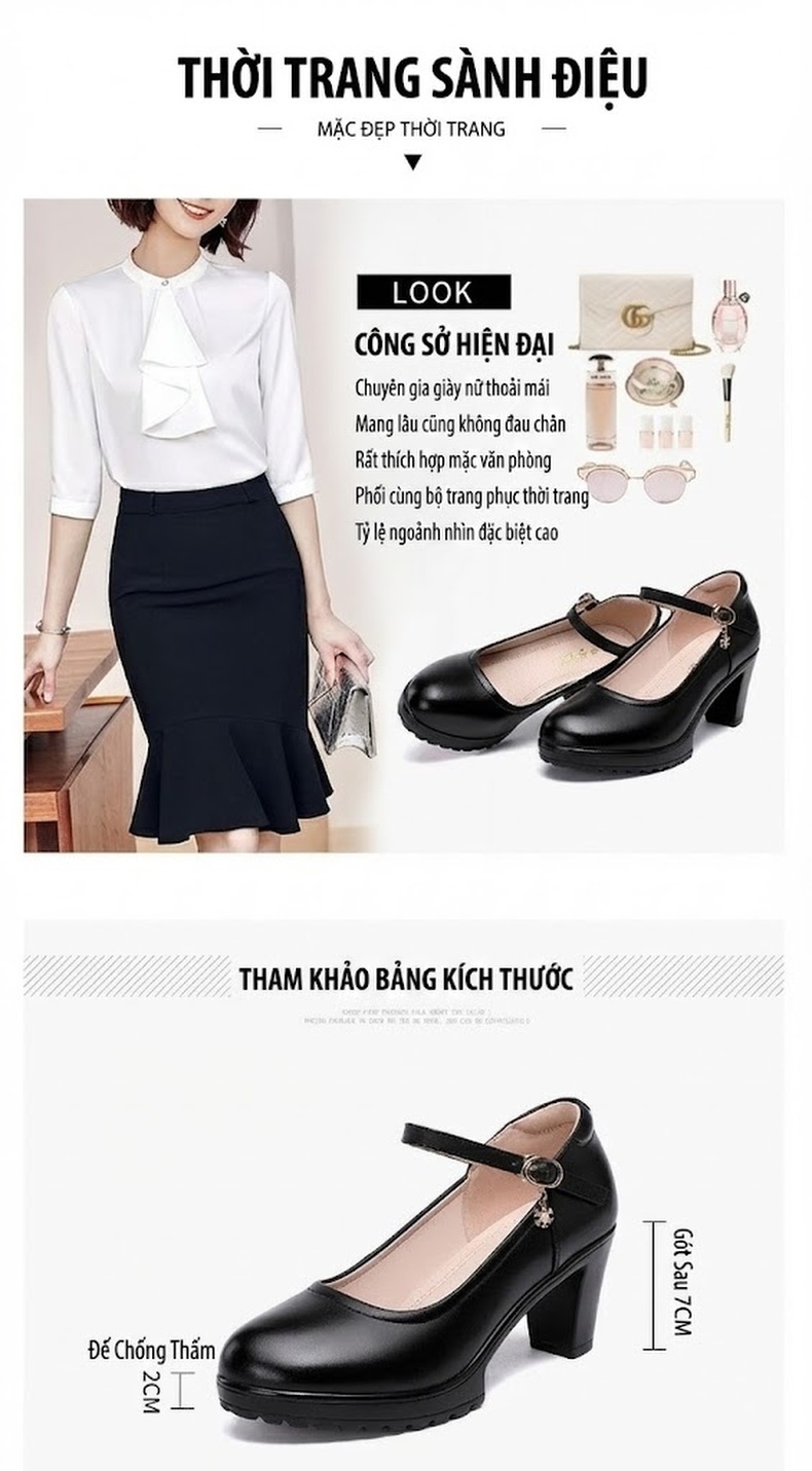 Giày Cao Gót Nữ Da Bò Quai Ngang Chiều Cao Đế Khoảng 8cm Màu Đen, Trắng, Bạc, Đỏ... chi tiết 6
