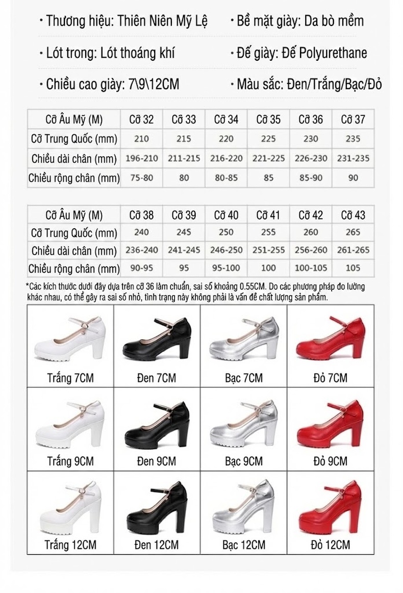 Giày Cao Gót Nữ Da Bò Quai Ngang Chiều Cao Đế Khoảng 8cm Màu Đen, Trắng, Bạc, Đỏ... chi tiết 7