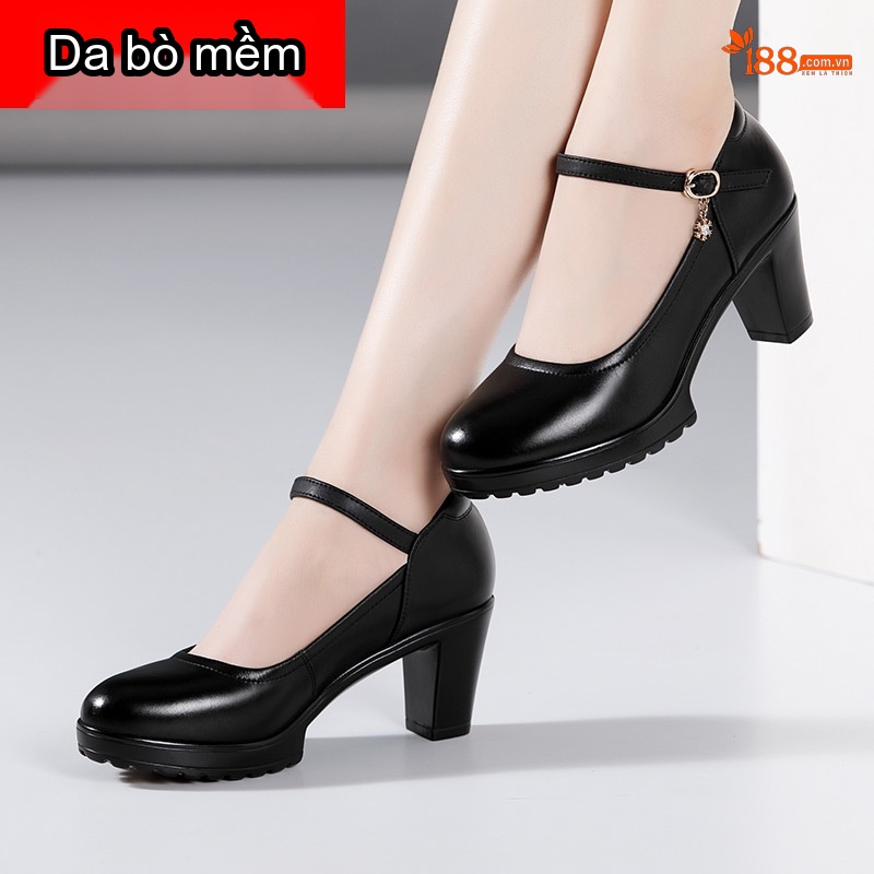 Giày Cao Gót Nữ Da Bò Quai Ngang Chiều Cao Đế Khoảng 8cm Màu Đen, Trắng, Bạc, Đỏ...