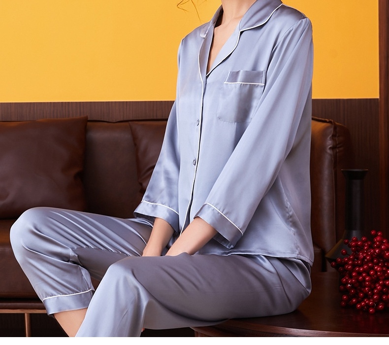 Bộ Đồ Ngủ Lụa Tơ Tằm Dài Tay Nữ Mùa Hè, Thu Màu Hồng, Xanh, Xanh Navy, Xanh Lá chi tiết 6