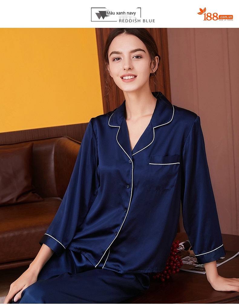 Bộ Đồ Ngủ Lụa Tơ Tằm Dài Tay Nữ Mùa Hè, Thu Màu Hồng, Xanh, Xanh Navy, Xanh Lá chi tiết 10