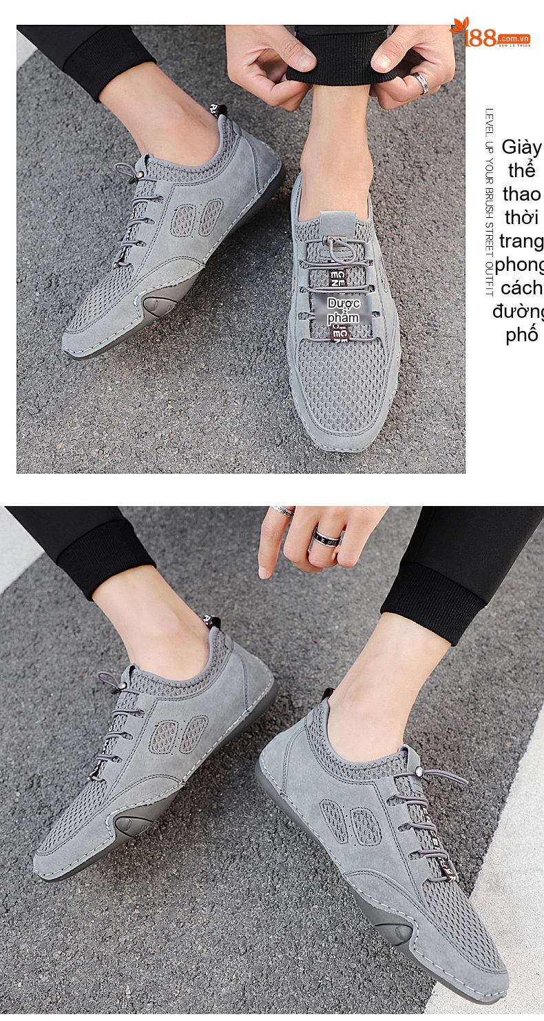Giày Da Heo Nam Lưới Thoáng Khí Buộc Dây Đế Mềm Chiều Cao Đế Khoảng 3cm Màu Be, Xám chi tiết 9