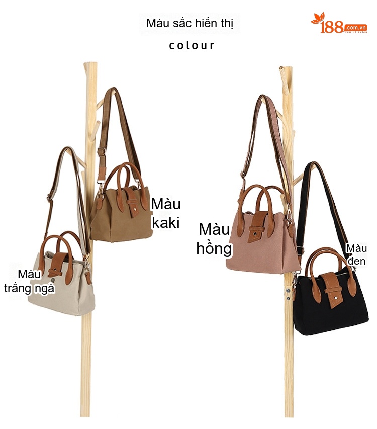 Túi Xách Tay Nữ Vải Canvas Da Thật Đeo Chéo Màu Hồng, Đen, Kem, Nâu chi tiết 5