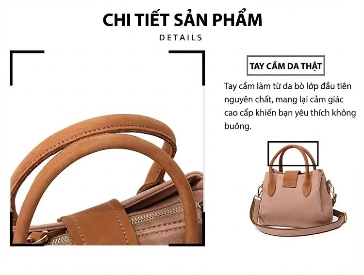 Túi Xách Tay Nữ Vải Canvas Da Thật Đeo Chéo Màu Hồng, Đen, Kem, Nâu chi tiết 9