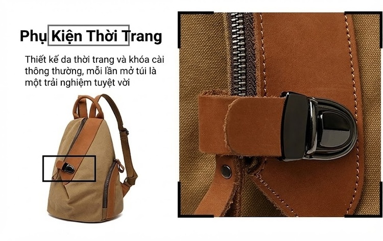 Balo Đeo Vai Nữ Vải Canvas Chống Nước Quai Da Thật Màu Nâu, Đen, Xám chi tiết 11