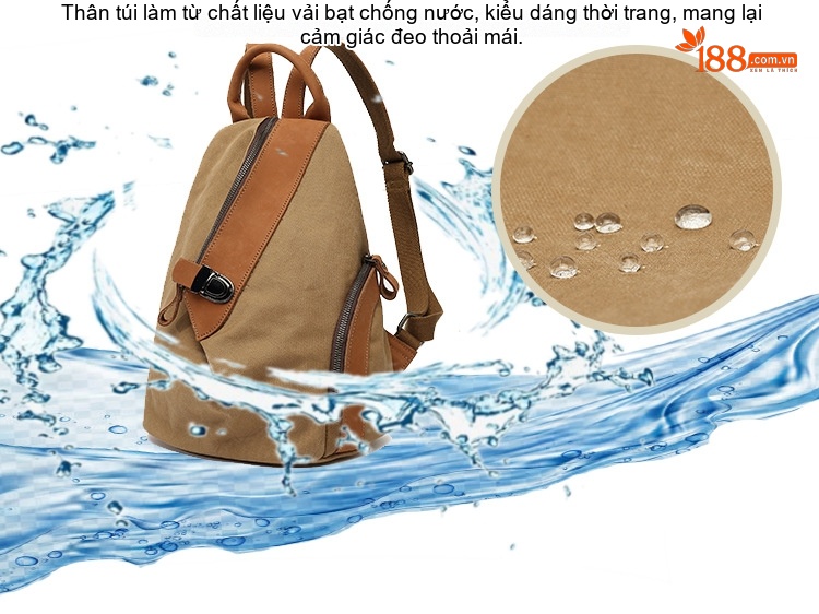 Balo Đeo Vai Nữ Vải Canvas Chống Nước Quai Da Thật Màu Nâu, Đen, Xám chi tiết 2