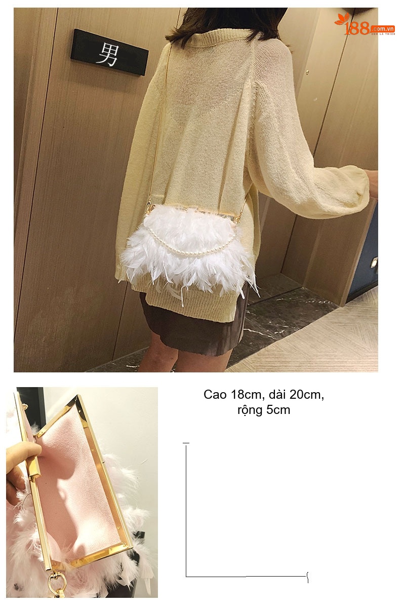 Túi Xách Nữ Lông Vũ Cầm Tay/Đeo Vai Dự Tiệc Màu Trắng, Hồng, Xanh Lá, Vàng... chi tiết 1