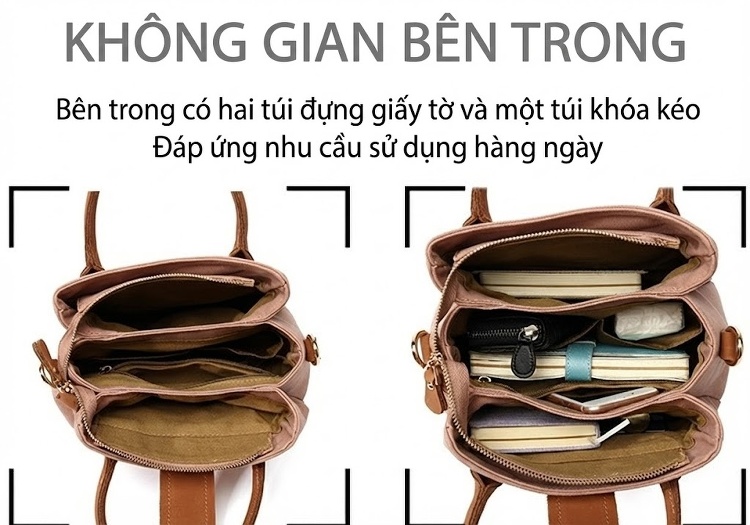 Túi Xách Tay Nữ Vải Canvas Da Thật Đeo Chéo Màu Hồng, Đen, Kem, Nâu chi tiết 12