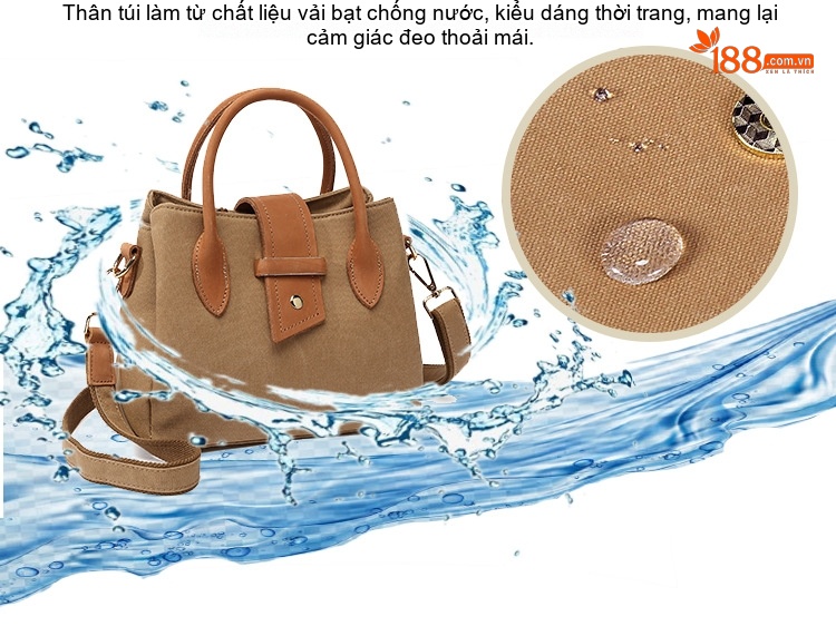 Túi Xách Tay Nữ Vải Canvas Da Thật Đeo Chéo Màu Hồng, Đen, Kem, Nâu chi tiết 2