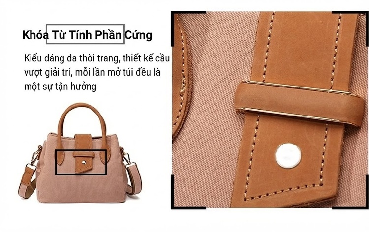 Túi Xách Tay Nữ Vải Canvas Da Thật Đeo Chéo Màu Hồng, Đen, Kem, Nâu chi tiết 10