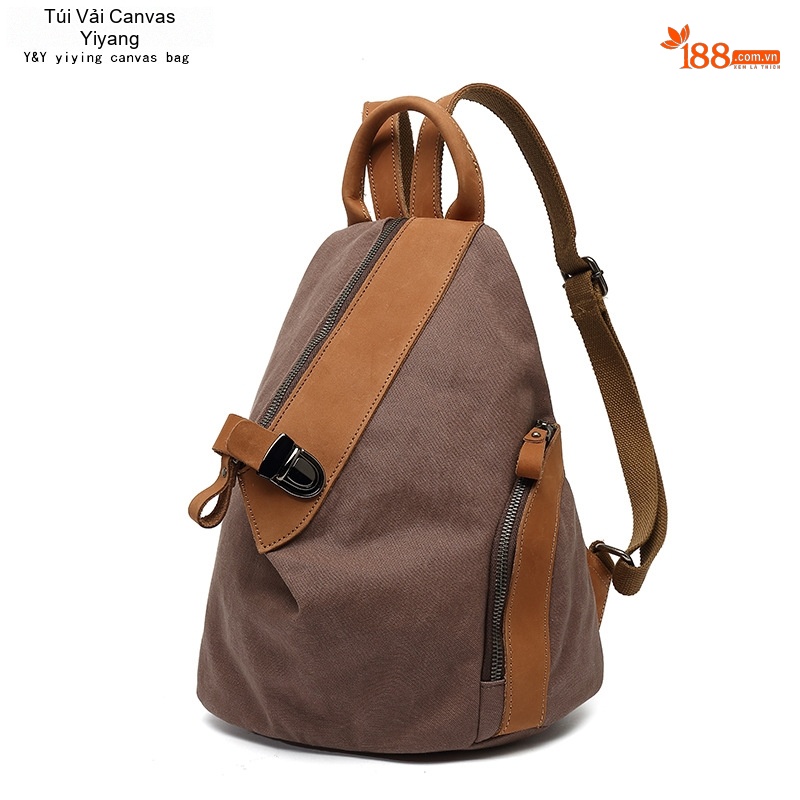 Balo Đeo Vai Nữ Vải Canvas Chống Nước Quai Da Thật Màu Nâu, Đen, Xám