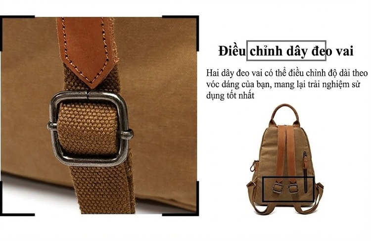 Balo Đeo Vai Nữ Vải Canvas Chống Nước Quai Da Thật Màu Nâu, Đen, Xám chi tiết 12