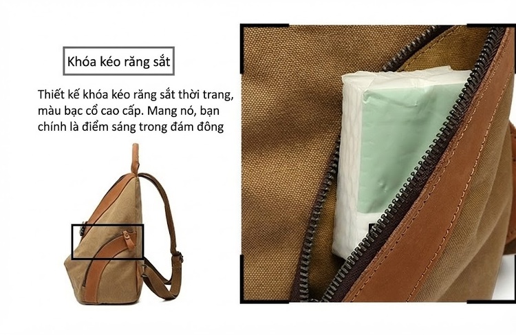 Balo Đeo Vai Nữ Vải Canvas Chống Nước Quai Da Thật Màu Nâu, Đen, Xám chi tiết 13
