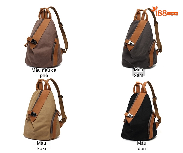 Balo Đeo Vai Nữ Vải Canvas Chống Nước Quai Da Thật Màu Nâu, Đen, Xám chi tiết 6