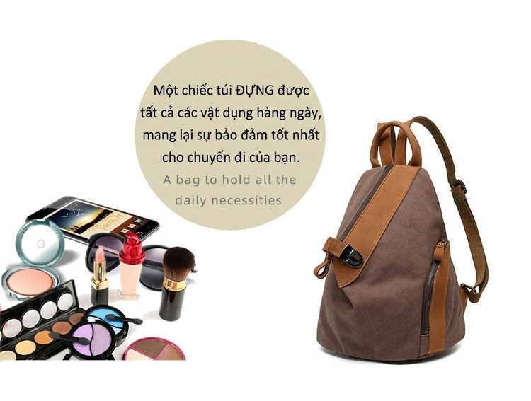 Balo Đeo Vai Nữ Vải Canvas Chống Nước Quai Da Thật Màu Nâu, Đen, Xám chi tiết 15