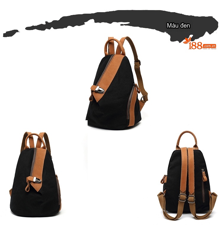 Balo Đeo Vai Nữ Vải Canvas Chống Nước Quai Da Thật Màu Nâu, Đen, Xám chi tiết 8