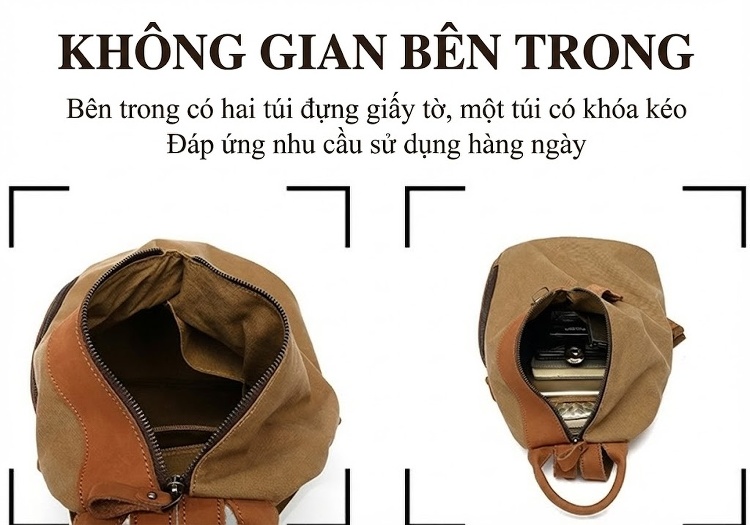 Balo Đeo Vai Nữ Vải Canvas Chống Nước Quai Da Thật Màu Nâu, Đen, Xám chi tiết 14