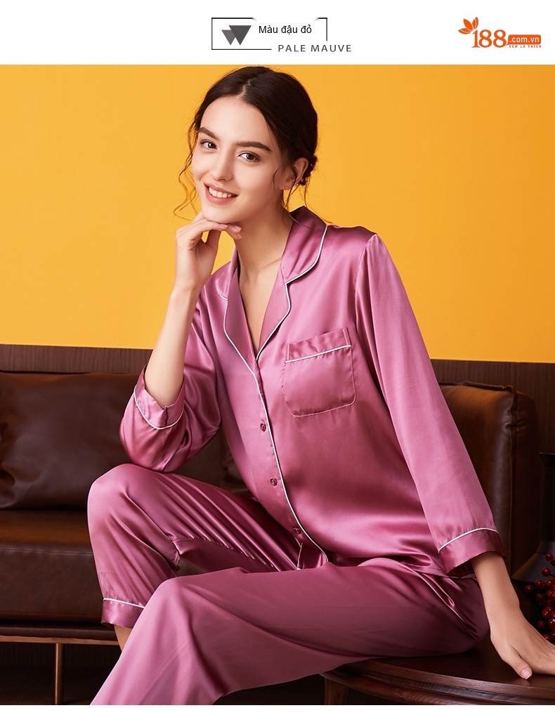 Bộ Đồ Ngủ Lụa Tơ Tằm Dài Tay Nữ Mùa Hè, Thu Màu Hồng, Xanh, Xanh Navy, Xanh Lá chi tiết 14