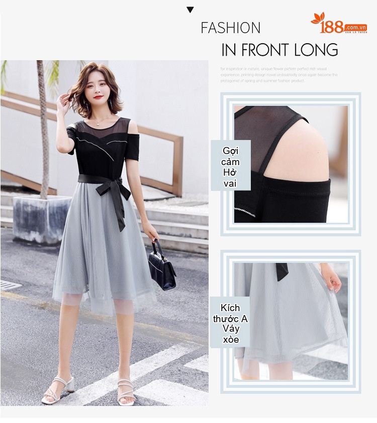 Váy Xòe Nữ Tay Ngắn Hở Vai Thiết Kế Hàn Quốc Thắt Eo Chất Liệu Lưới Màu Đen, Xám chi tiết 7