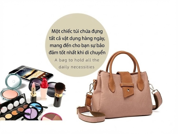 Túi Xách Tay Nữ Vải Canvas Da Thật Đeo Chéo Màu Hồng, Đen, Kem, Nâu chi tiết 13