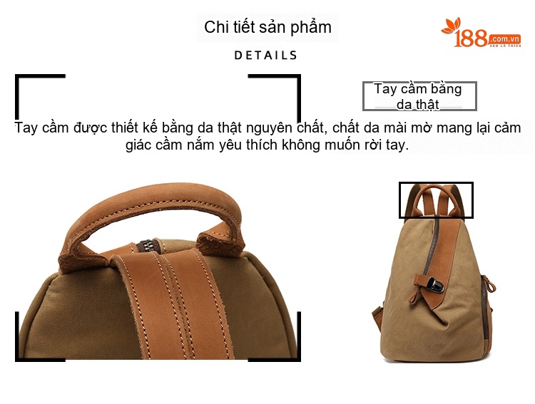 Balo Đeo Vai Nữ Vải Canvas Chống Nước Quai Da Thật Màu Nâu, Đen, Xám chi tiết 10