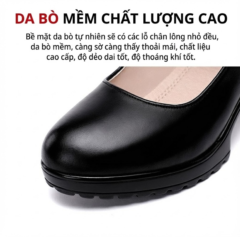Giày Búp Bê Nữ Da Bò Mũi Tròn Chiều Cao Đế Khoảng 7cm Màu Đen, Đỏ, Bạc chi tiết 9