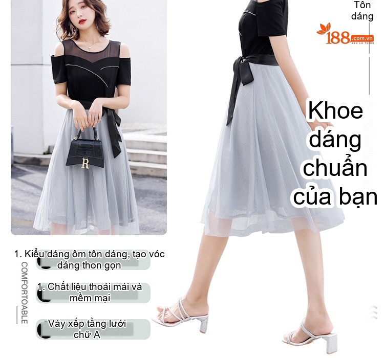 Váy Xòe Nữ Tay Ngắn Hở Vai Thiết Kế Hàn Quốc Thắt Eo Chất Liệu Lưới Màu Đen, Xám chi tiết 3