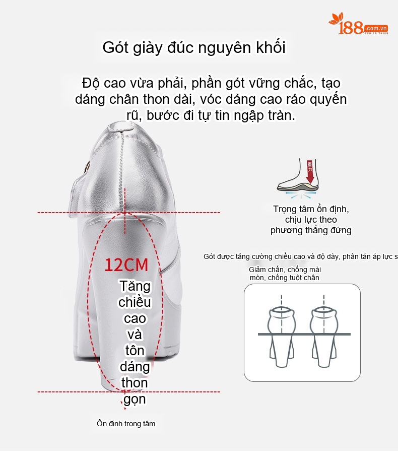 Giày Cao Gót Nữ Quai Ngang Da Bóng Chiều Cao Đế Khoảng 12cm Màu Bạc, Đỏ, Trắng... chi tiết 11