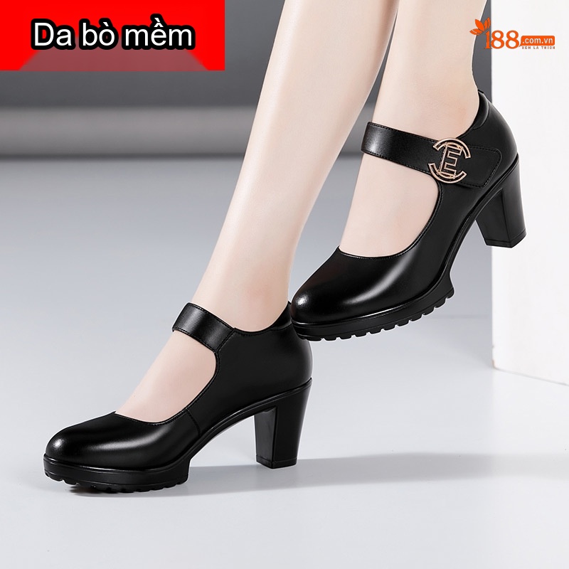 Giày Búp Bê Nữ Da Bò Mũi Tròn Chiều Cao Đế Khoảng 7cm Màu Đen, Đỏ, Bạc