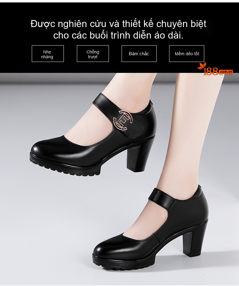 Giày Búp Bê Nữ Da Bò Mũi Tròn Chiều Cao Đế Khoảng 7cm Màu Đen, Đỏ, Bạc chi tiết 3