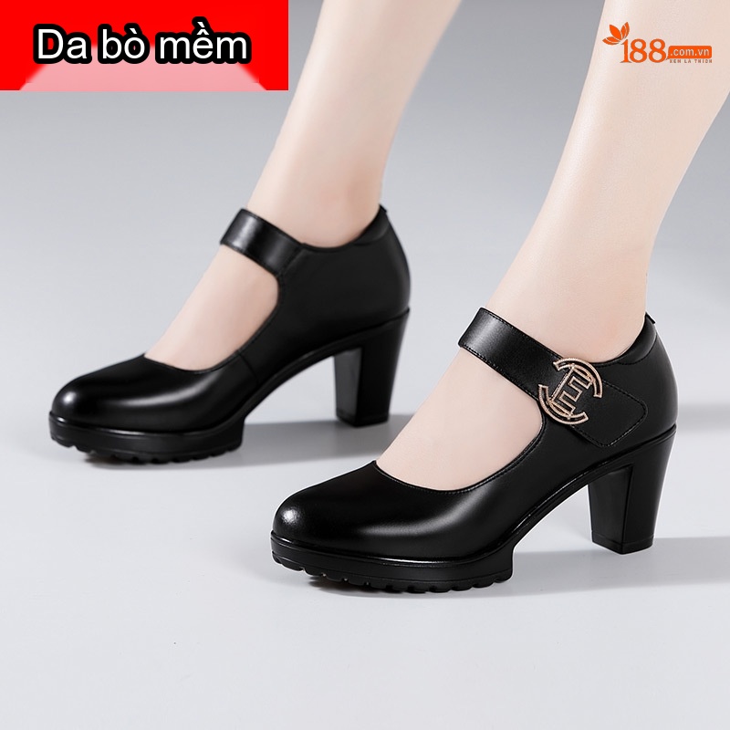 Giày Búp Bê Nữ Da Bò Mũi Tròn Chiều Cao Đế Khoảng 7cm Màu Đen, Đỏ, Bạc