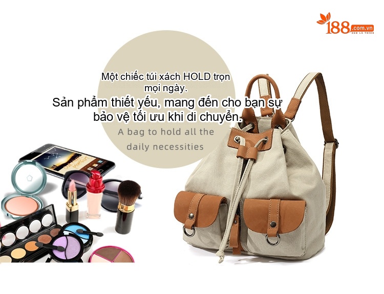 Balo Nữ Vải Canvas Chống Nước Quai Da Thật Màu Nâu, Đen, Kem, Xanh... chi tiết 16