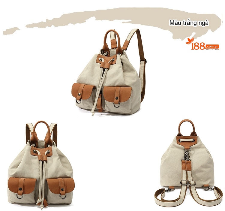 Balo Nữ Vải Canvas Chống Nước Quai Da Thật Màu Nâu, Đen, Kem, Xanh... chi tiết 7