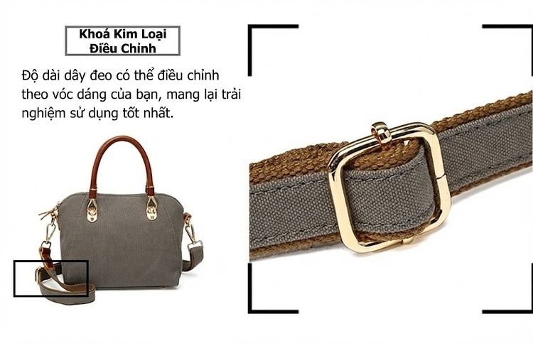 Túi Xách Tay Nữ Vải Canvas Chống Nước Da Thật Túi Đeo Chéo Một Bên Vai Màu Xám, Đen, Trắng, Hồng... chi tiết 12
