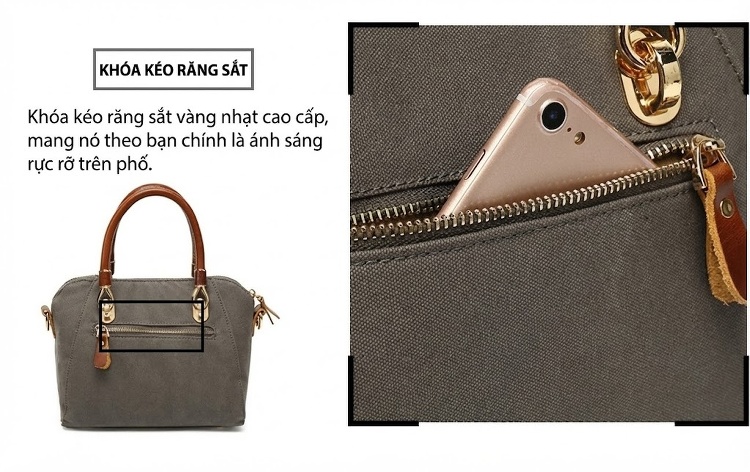 Túi Xách Tay Nữ Vải Canvas Chống Nước Da Thật Túi Đeo Chéo Một Bên Vai Màu Xám, Đen, Trắng, Hồng... chi tiết 10