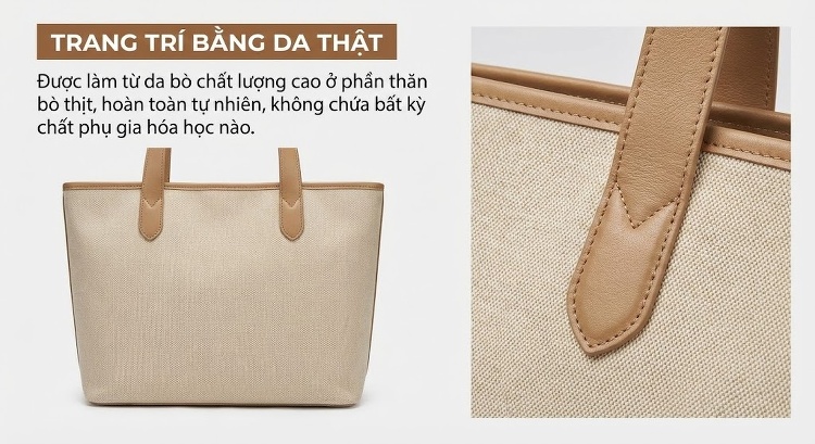 Túi Xách Tay Nữ Vải Canvas Da Thật Đeo Chéo Màu Nâu, Đen, Xám, Trắng... chi tiết 10