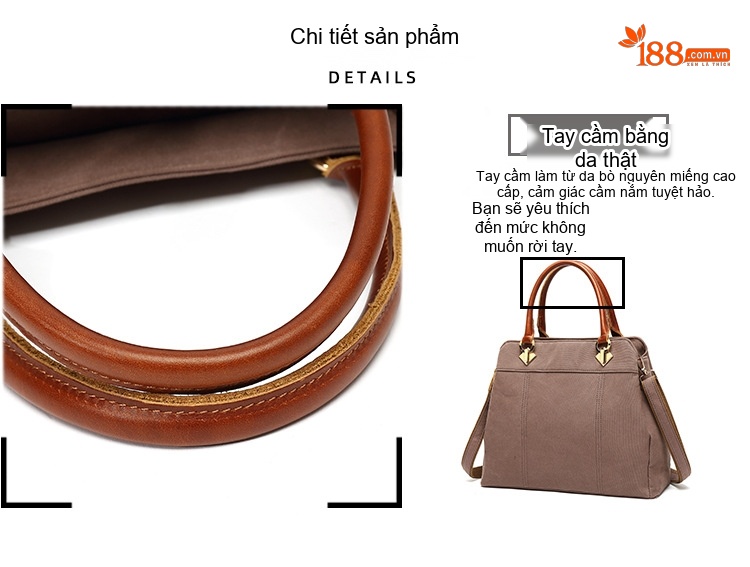 Túi Xách Tay Nữ Vải Canvas Chống Nước, Túi Đeo Chéo Da Thật Màu Nâu, Trắng, Đen, Vàng chi tiết 10