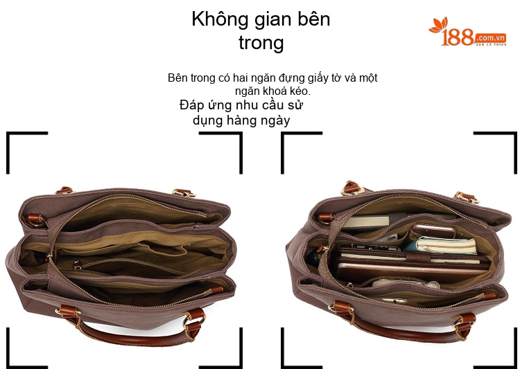 Túi Xách Tay Nữ Vải Canvas Chống Nước, Túi Đeo Chéo Da Thật Màu Nâu, Trắng, Đen, Vàng chi tiết 14