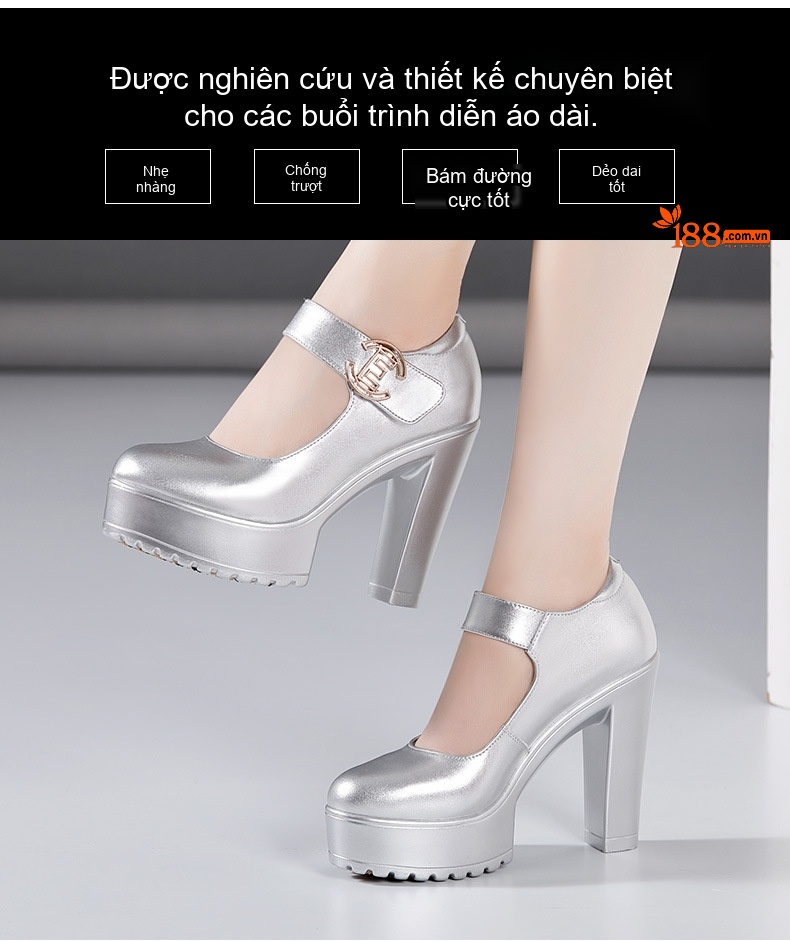Giày Cao Gót Nữ Quai Ngang Da Bóng Chiều Cao Đế Khoảng 12cm Màu Bạc, Đỏ, Trắng... chi tiết 3