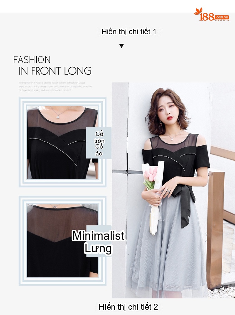 Váy Xòe Nữ Tay Ngắn Hở Vai Thiết Kế Hàn Quốc Thắt Eo Chất Liệu Lưới Màu Đen, Xám chi tiết 6