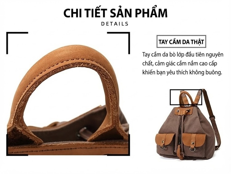 Balo Nữ Vải Canvas Chống Nước Quai Da Thật Màu Nâu, Đen, Kem, Xanh... chi tiết 11