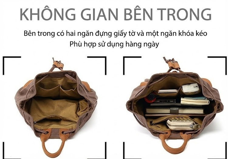 Balo Nữ Vải Canvas Chống Nước Quai Da Thật Màu Nâu, Đen, Kem, Xanh... chi tiết 15