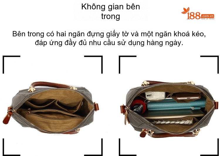 Túi Xách Tay Nữ Vải Canvas Chống Nước Da Thật Túi Đeo Chéo Một Bên Vai Màu Xám, Đen, Trắng, Hồng... chi tiết 13