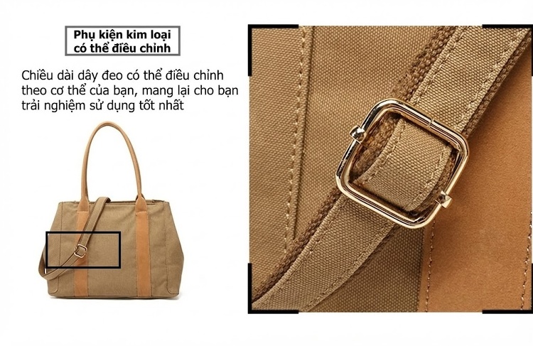 Túi Xách Tay Nữ Vải Canvas Da Thật Đeo Chéo Màu Nâu, Đen, Xám, Trắng... chi tiết 12