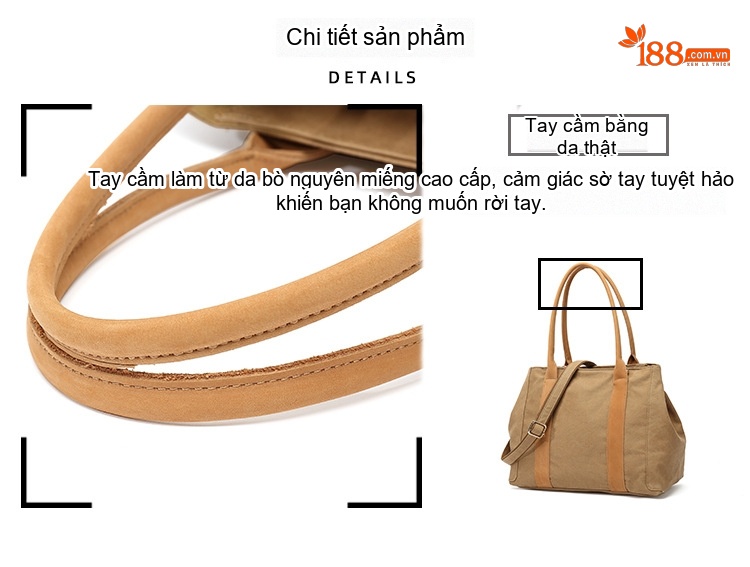 Túi Xách Tay Nữ Vải Canvas Da Thật Đeo Chéo Màu Nâu, Đen, Xám, Trắng... chi tiết 9