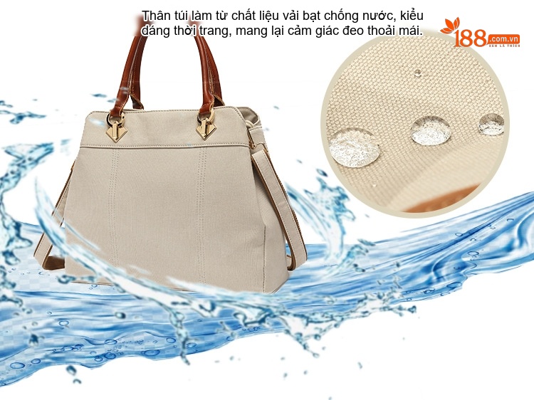 Túi Xách Tay Nữ Vải Canvas Chống Nước, Túi Đeo Chéo Da Thật Màu Nâu, Trắng, Đen, Vàng chi tiết 2