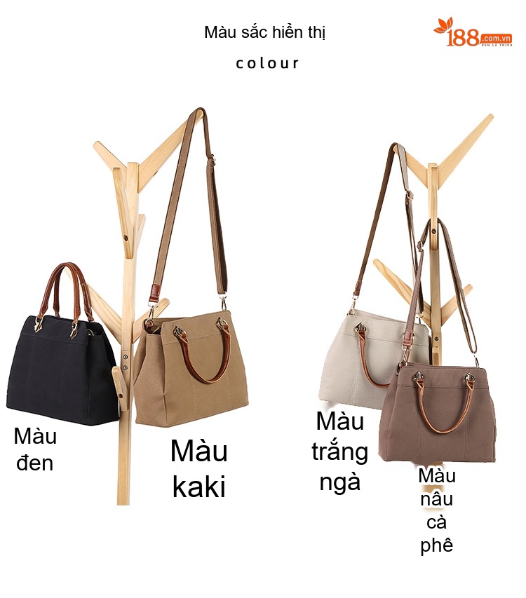Túi Xách Tay Nữ Vải Canvas Chống Nước, Túi Đeo Chéo Da Thật Màu Nâu, Trắng, Đen, Vàng chi tiết 5